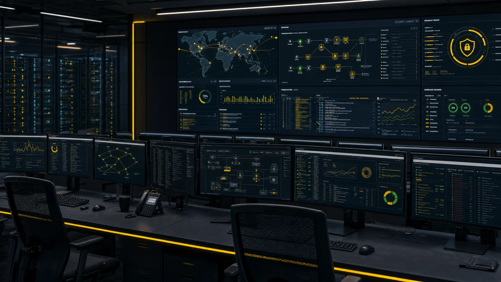 Notwerking operations room with cybersecurity dashboards